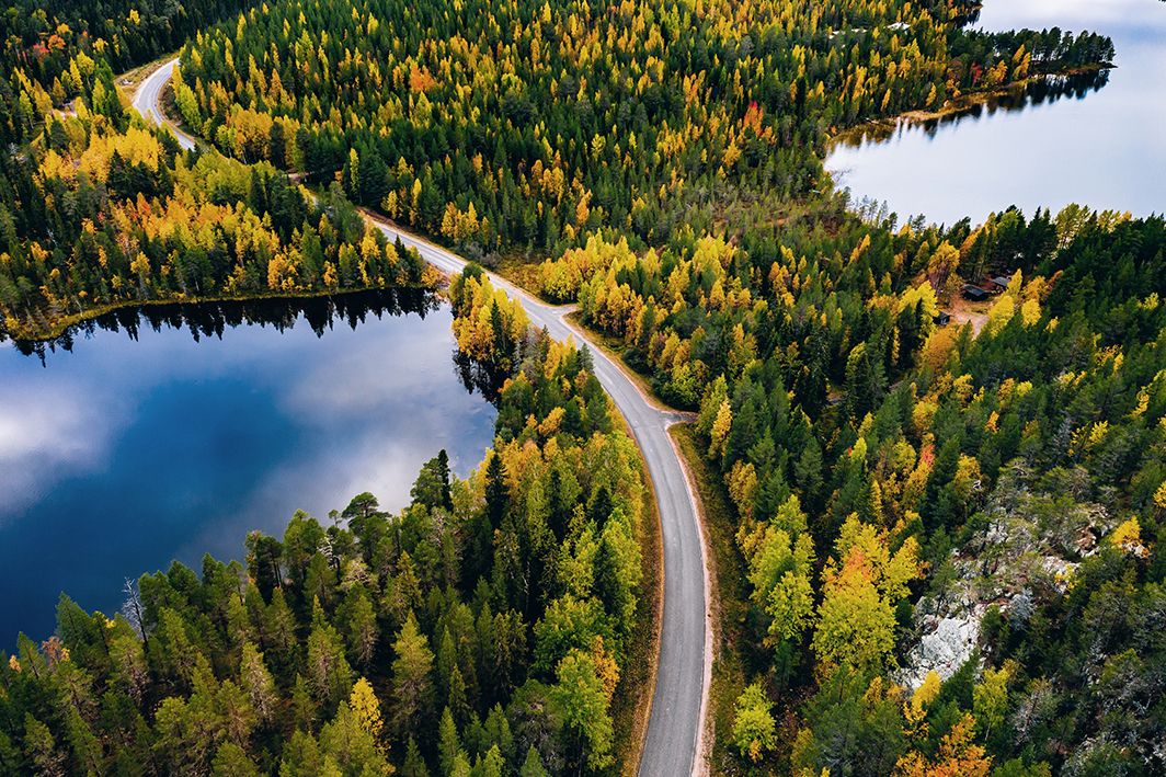 An aerial shot of a road running through a Swedish forest beside a lake.