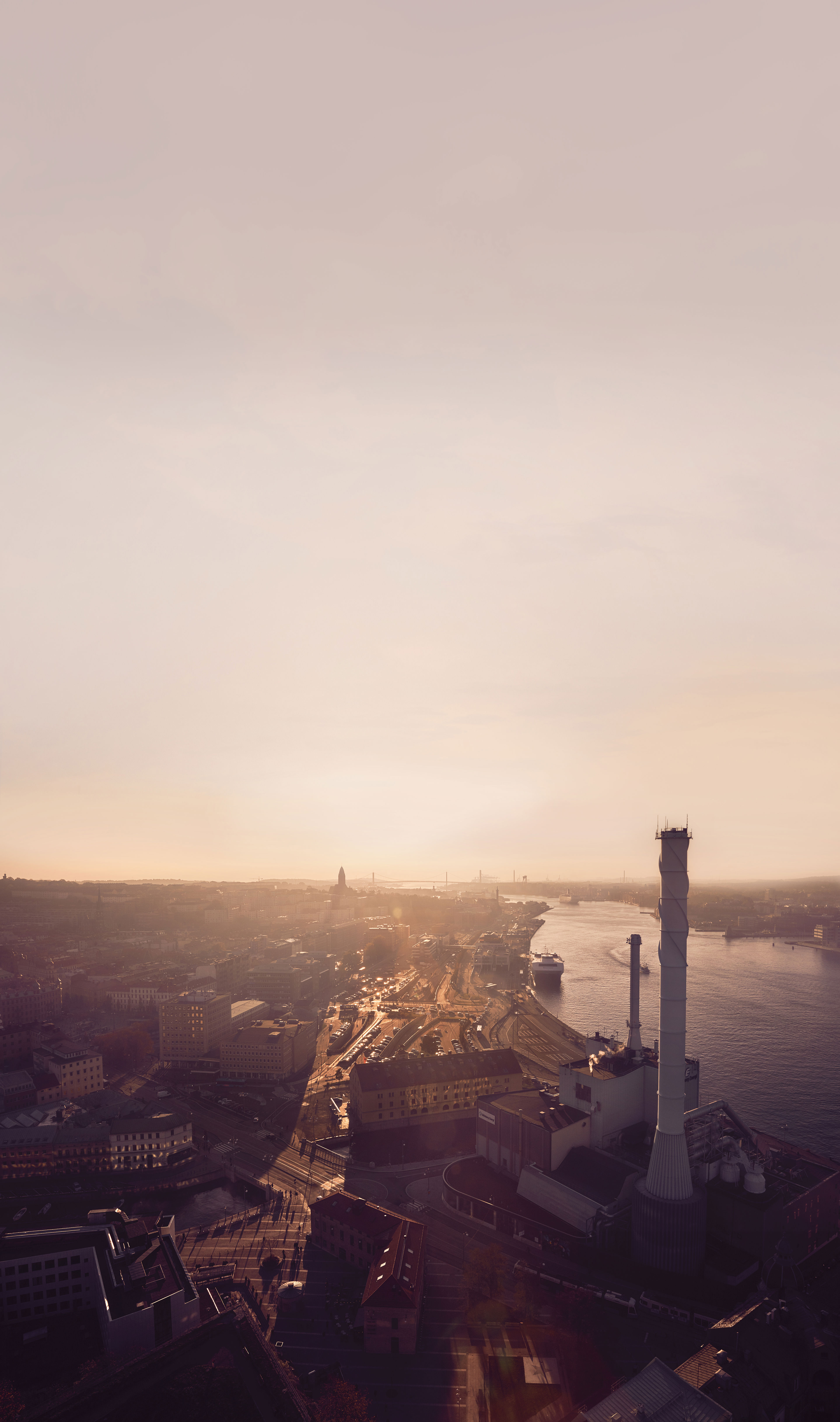 An aerial shot of a Stena Line ferry docked at Gothenburg harbour.