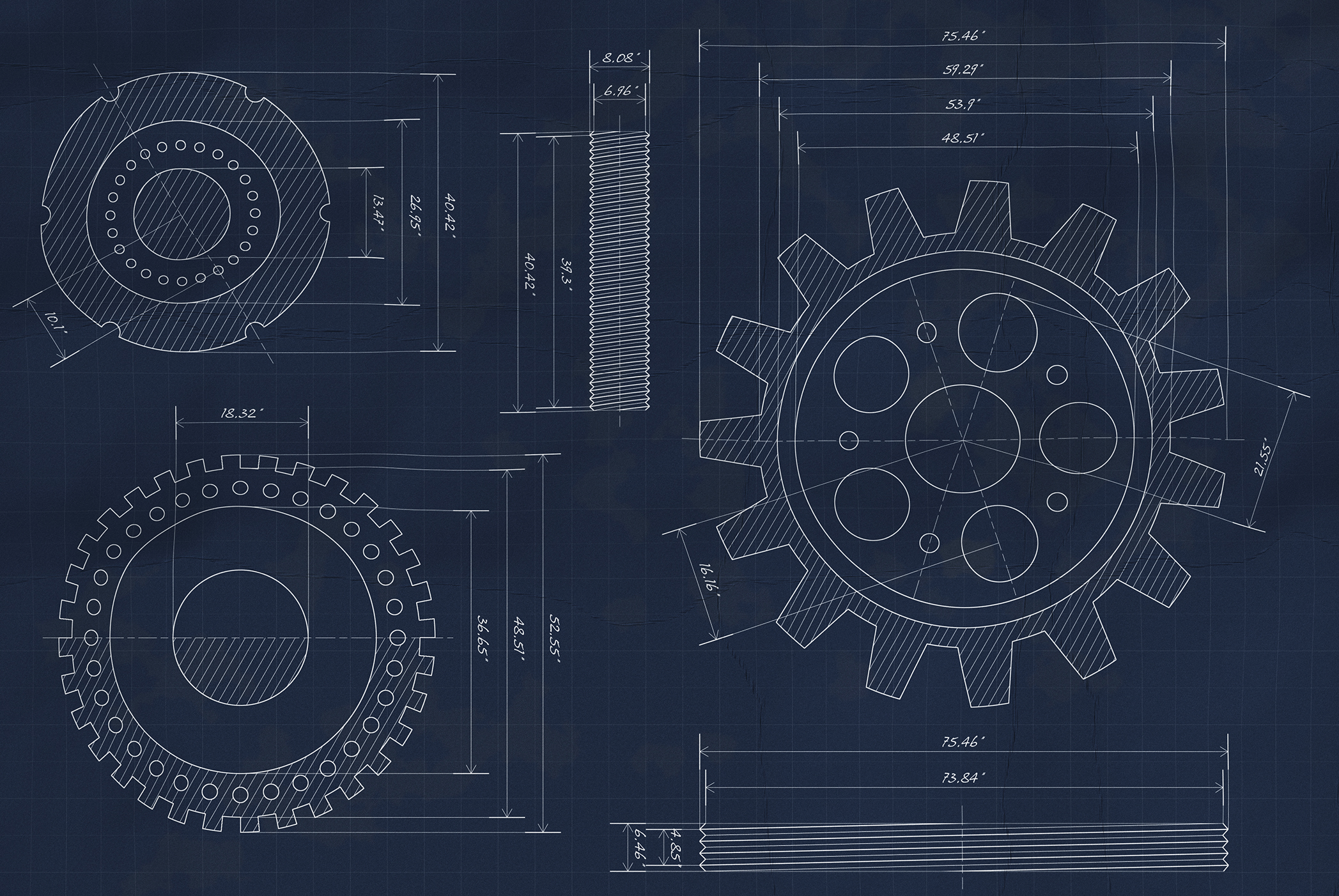 Blueprint of a gear wheel and gears, showcasing intricate design and precise measurements for mechanical engineering.